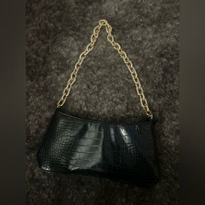 Zara Black Croc-Embossed Shoulder Bag with Gold Chain Strap